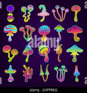 Poison mushroom. Colorful fairytale magic toxic drugs from fantasy mushroom unhealthy products recent vector botanical illustration Stock Vector