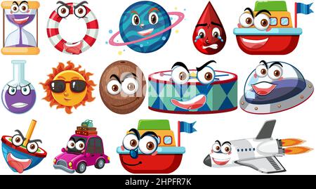 Set of different toy objects with smiley faces illustration Stock Vector