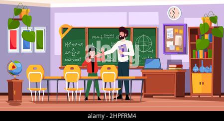 School classroom. Education background with students furniture desks chalkboard and teachers garish vector flat template Stock Vector