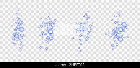 Effervescent water or oxygen fizz, blue air bubbles realistic 3d vector illustration. Moving underwater fizzing. Champagne or soda drink design elements isolated on transparent background. Stock Vector