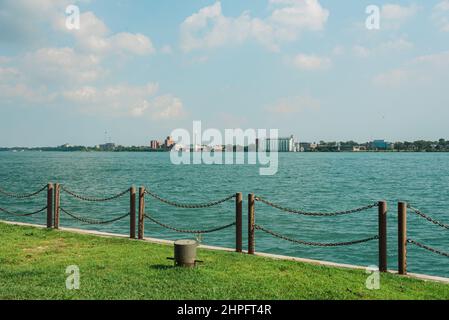 The Detroit River, at Milliken State Park in Detroit, Michigan Stock Photo