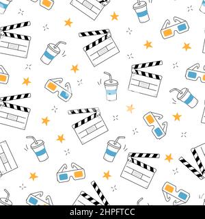 Movie, cinema vector pattern. Doodle hand drawn sketch style movie seamless pattern. Cinema elements for media production, festival, theater background. Vector illustration. Stock Vector