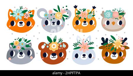 Cute animals in flower wreaths. Muzzles with floral beautiful tiara. Girly nursery theme. Scandinavian icons. Bear or raccoon. Pretty squirrel and Stock Vector