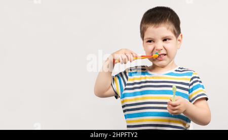 A handsome boy of 4 years old in a striped T-shirt brushes his teeth with a toothbrush on a white background and smiles, banner for text. Stock Photo