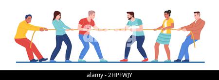 Pulling rope people. Two groups opposition. Men and women playing tug of war. Team game. Competitors confrontation. Characters in casual clothes Stock Vector