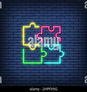 Vector puzzle, simple solutions, compatibility, solving problem neon sign. Stock Vector