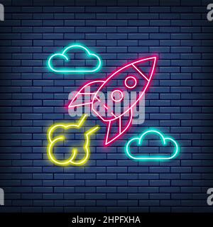 Vector rocket, startup neon sign. Isolated on a brick wall background Stock Vector