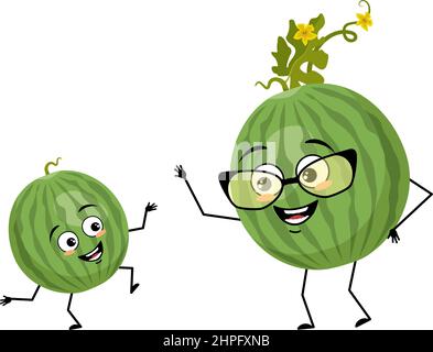 Green striped round watermelon character with happy emotion, joyful face. Person with expression, fruit emoticon. Grandmother with glasses and grandson dancing. Vector flat illustration Stock Vector