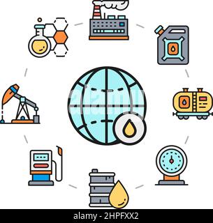 Oil industry icons set. Fuel Truck, Engineer, Gasoline, Cargo Ship promotion icon illustration in a circle isolated on white background. Stock Vector