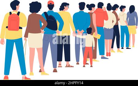 People standing in line. Worker queue, crowd waiting to entrance. Person group, women, men and child. Flat customers or travellers together, recent Stock Vector
