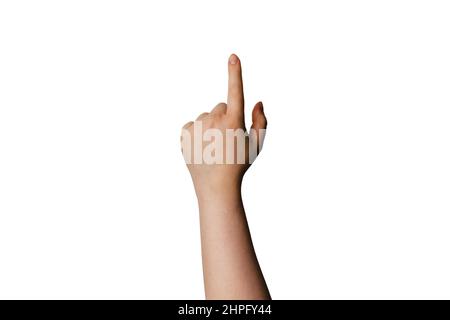 Hand pointing out isolated on white background for cutting out. Stock Photo