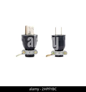 Male 3 pin and 2 pin electrical plug connecter isolated on white background. Stock Photo