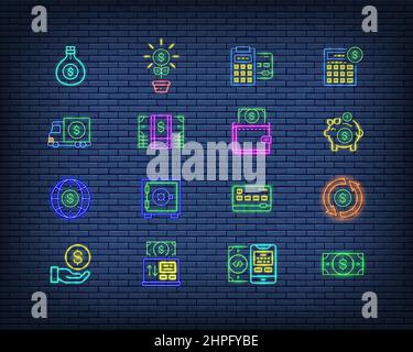 Set of Banking neon sign. Credit Card, Online Payments, Currency Exchange, Atm and more. Isolated on a brick wall background . Stock Vector