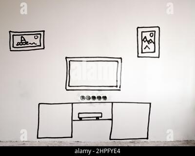 Interior layout of the room. Furniture painted on the wall during the renovation of the apartment. Stock Photo