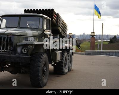 Ukraine Russia conflict war escalation concept with army troops, Katyusha multiple rocket launcher truck on display in Kyiv, Ukraine Stock Photo