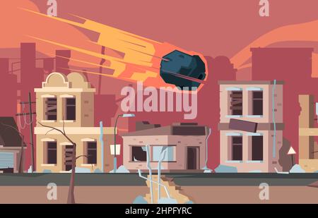 Environment disasters. Weather catastrophe tornado tsunami storms and earthquake destruction buildings damaged living houses garish vector cartoon Stock Vector