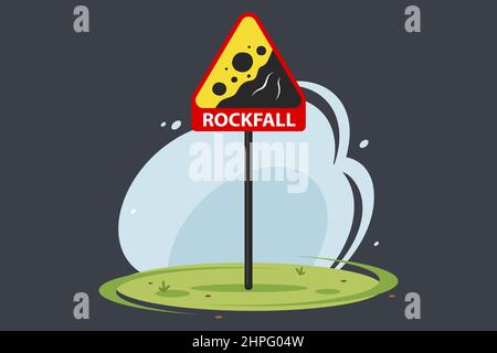 Red road sign rockfall on nature background. flat vector illustration. Stock Vector