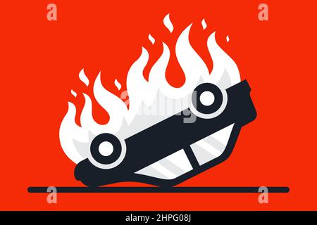 a burning overturned car crashed on the road. flat vector illustration. Stock Vector
