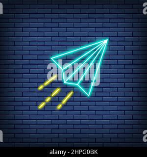 Vector paper plane, origami airplane neon sign. Stock Vector
