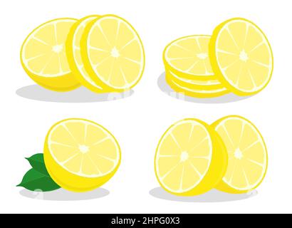 Lemon slices with peel rings. Lemon with chopped zest. Color vector in cartoon style isolated on white background Stock Vector
