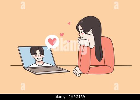 Happy girl talk on video call on laptop with boyfriend. Smiling loving woman have webcam virtual event on computer with male lover. Relationship on distance. Flat vector illustration.  Stock Vector