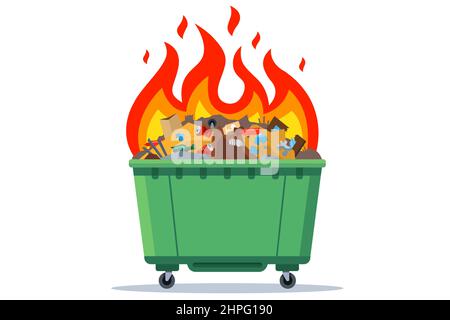 burning waste bin. flat vector illustration. green container Stock Vector