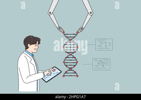Man scientist use robotic arm work with DNA structure in modern laboratory. Male professor or researcher operate robot conduct experiments in lab. Medicine and technology. Vector illustration.  Stock Vector