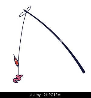 Float rod with bait. Fishing equipment in outline style. Stock Vector