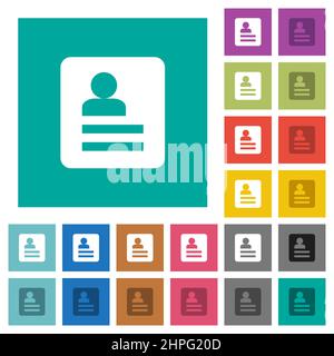 User profile solid multi colored flat icons on plain square backgrounds. Included white and darker icon variations for hover or active effects. Stock Vector