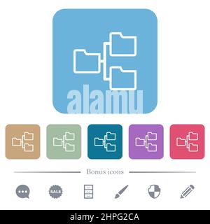 Shared folders outline white flat icons on color rounded square backgrounds. 6 bonus icons included Stock Vector