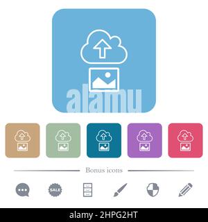 Upload image to cloud outline white flat icons on color rounded square backgrounds. 6 bonus icons included Stock Vector