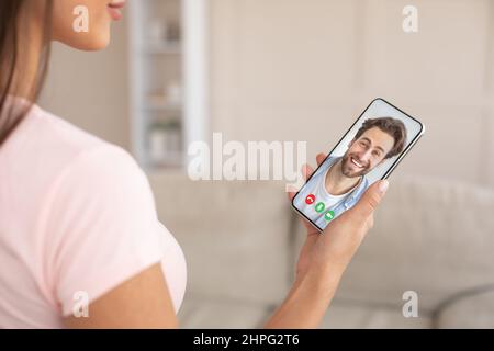 Young Woman Having Virtual Call With Boyfriend On Smartphone, Collage Stock Photo