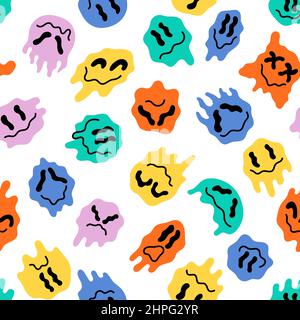 Colorful melting faces print, drip quirky face with black eyes and psychedelic smile. Retro drugs illusion seamless pattern. Swanky 70s 80s fashion Stock Vector