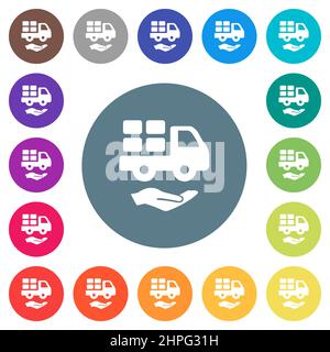 Courier services solid flat white icons on round color backgrounds. 17 background color variations are included. Stock Vector