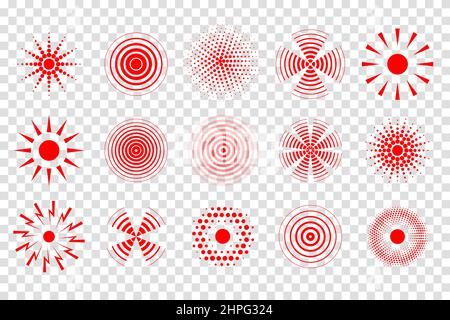 Pain location symbols set. Vector red ache pointing signs isolated on transparent background. Painkillers remedies targets circullar icons collection. Stock Vector