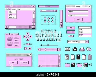 Retro interface elements. 90s vintage pc bars, message in old computer style. Technology, computing music and gaming desktop consoles, tidy vector set Stock Vector