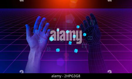 Metaverse background concept. 3D hands in virtual reality VR are ...