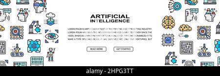 Artificial Intelligence horizontal colorful banner. Robotics, Chatbot, Database, Big Data illustration. Web banner layout template. Stock Vector