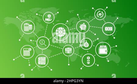 Money and Banking promotion icons illustration. Credit Card, Currency Exchange, Atm, Terminal line icons banner. Vector illustration in line style. Stock Vector