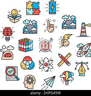 Creative icons set. Innovation, startup, artwork, project, idea icons banner in a circle isolated on white background. Stock Vector