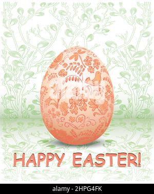 decorative easter egg on green floral background - vector ornamental card Stock Vector