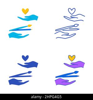 Support artist icon set in flat and line style. Two hands with brushes and with heart. Vector illustration. Stock Vector