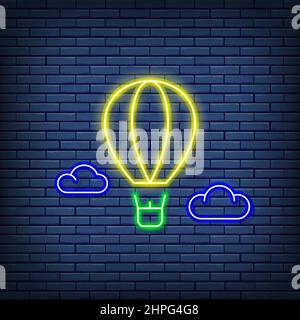Vector air balloon, aerostat, dirigible neon sign. Stock Vector