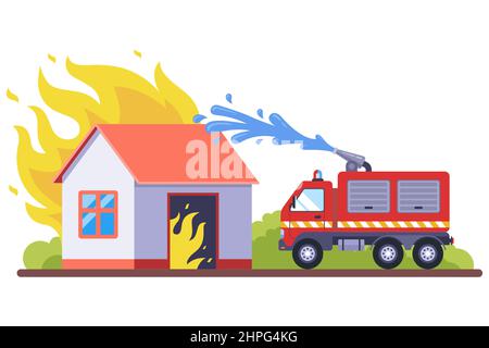 firefighters extinguish a wooden burning house. fire hose with water. flat vector illustration. Stock Vector
