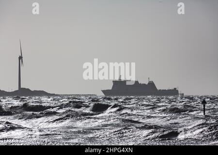 Heysham Lancashire, United Kingdom. 21st Feb, 2022. the Isle of Man Ferry the Ben My Chree arrives at Heysham from Douglas after disruption to the sailings caused by the recent Storms Based on the current weather forecast this sailing will now depart at 16:00hrs. Credit: PN News/Alamy Live News Stock Photo