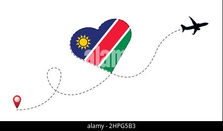 Airplane flight route with Namibia flag inside the heart. Stock Vector