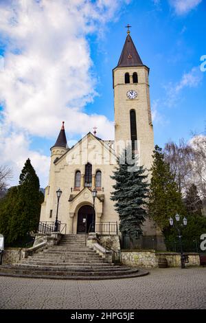 Roman Catholic church on the main square of Tokaj, historical town in Borsod-Abaúj-Zemplén county, Northern Hungary.    It is the centre of the Tokaj- Stock Photo