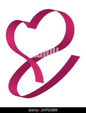 Pink curled heart shape ribbon isolated on white background Stock Vector