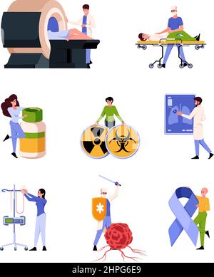 Oncology people. Medical diagnosis and treatment radiology machines patient in clinic doctor making diagnoses x ray systems garish vector flat Stock Vector