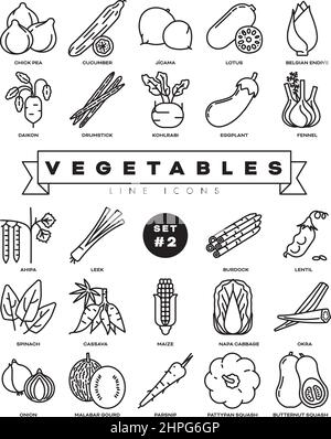 Collection of vegetables vector outline icons. Illustration of healthy food from all over the world. Set 2 of 3. Stock Vector